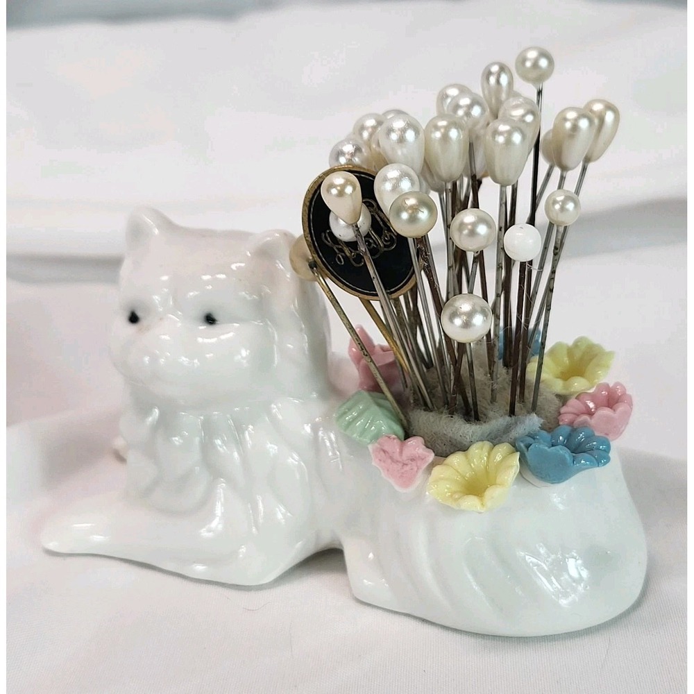 Vintage Ceramic White Cat Pin Cushion with Pearlized Hat Pins Floral Detail - Picture 4 of 13
